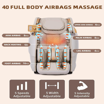 Massage Chair Full Body, 4D Zero Gravity Massage Chairs, 20 Auto Modes, 11 Massage Technique, 40 Airbags Shiatsu Massage, APP Control with Hifi Bluetooth Speaker Beige