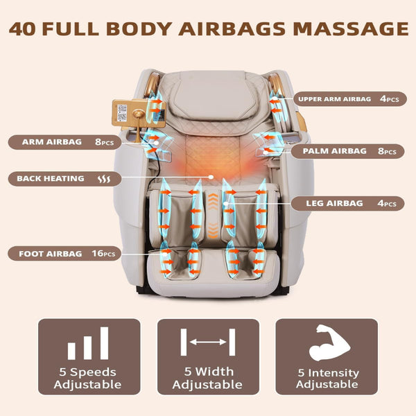 Massage Chair Full Body, 4D Zero Gravity Massage Chairs, 20 Auto Modes, 11 Massage Technique, 40 Airbags Shiatsu Massage, APP Control with Hifi Bluetooth Speaker Beige