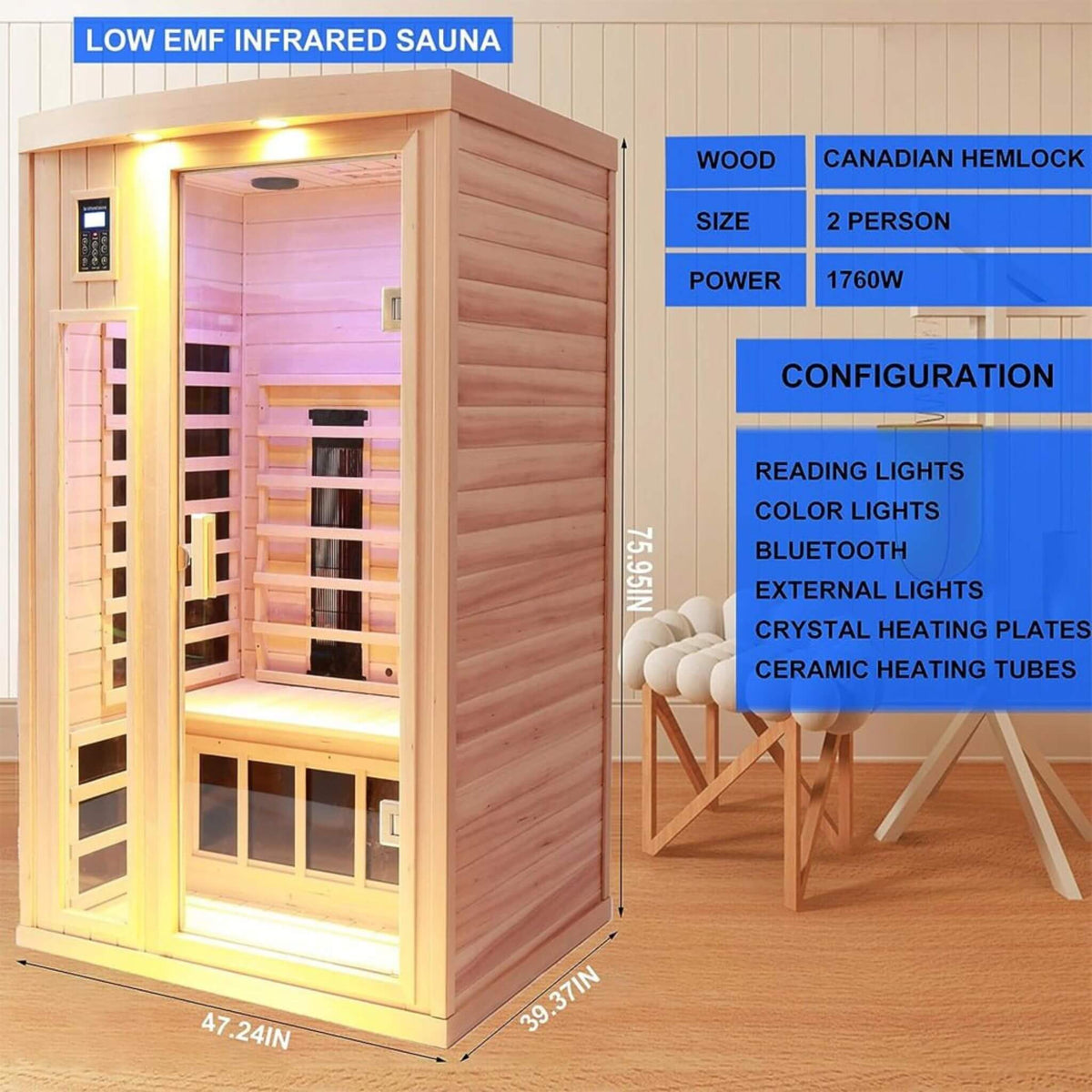Orien Premium 2-Person Low EMF FAR-Infrared Heat Wood Home Personal Spa Sauna With Ceramic Heaters (SAK25714)