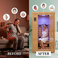 2024 Upgrade 1 to 2 Person Infrared Sauna, Low EMF Infrared Sauna for Home, Indoor Sauna Room, Hemlock Wooden Far Infrared Sauna, Dry Sauna with Bluetooth Speakers, LED Reading and Chromotherapy Lamp — Before & After