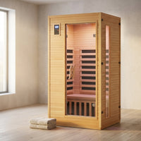 2024 Upgrade 1 to 2 Person Infrared Sauna, Low EMF Infrared Sauna for Home, Indoor Sauna Room, Hemlock Wooden Far Infrared Sauna, Dry Sauna with Bluetooth Speakers, LED Reading and Chromotherapy Lamp — Studio Shot