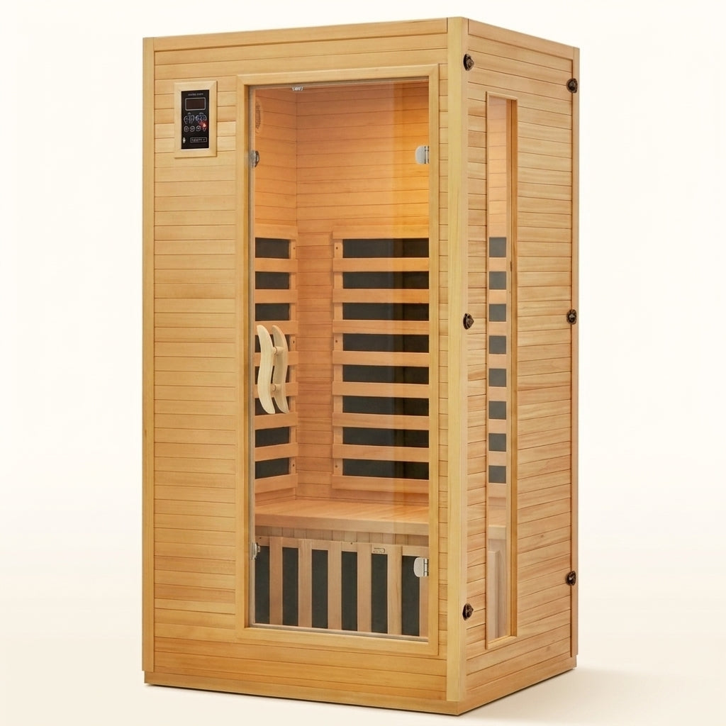 2024 Upgrade 1 to 2 Person Infrared Sauna, Low EMF Infrared Sauna for Home, Indoor Sauna Room, Hemlock Wooden Far Infrared Sauna, Dry Sauna with Bluetooth Speakers, LED Reading and Chromotherapy Lamp — Studio Shot