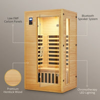 2024 Upgrade 1 to 2 Person Infrared Sauna, Low EMF Infrared Sauna for Home, Indoor Sauna Room, Hemlock Wooden Far Infrared Sauna, Dry Sauna with Bluetooth Speakers, LED Reading and Chromotherapy Lamp — infographic