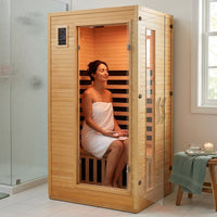 2024 Upgrade 1 to 2 Person Infrared Sauna, Low EMF Infrared Sauna for Home, Indoor Sauna Room, Hemlock Wooden Far Infrared Sauna, Dry Sauna with Bluetooth Speakers, LED Reading and Chromotherapy Lamp — Lifestyle