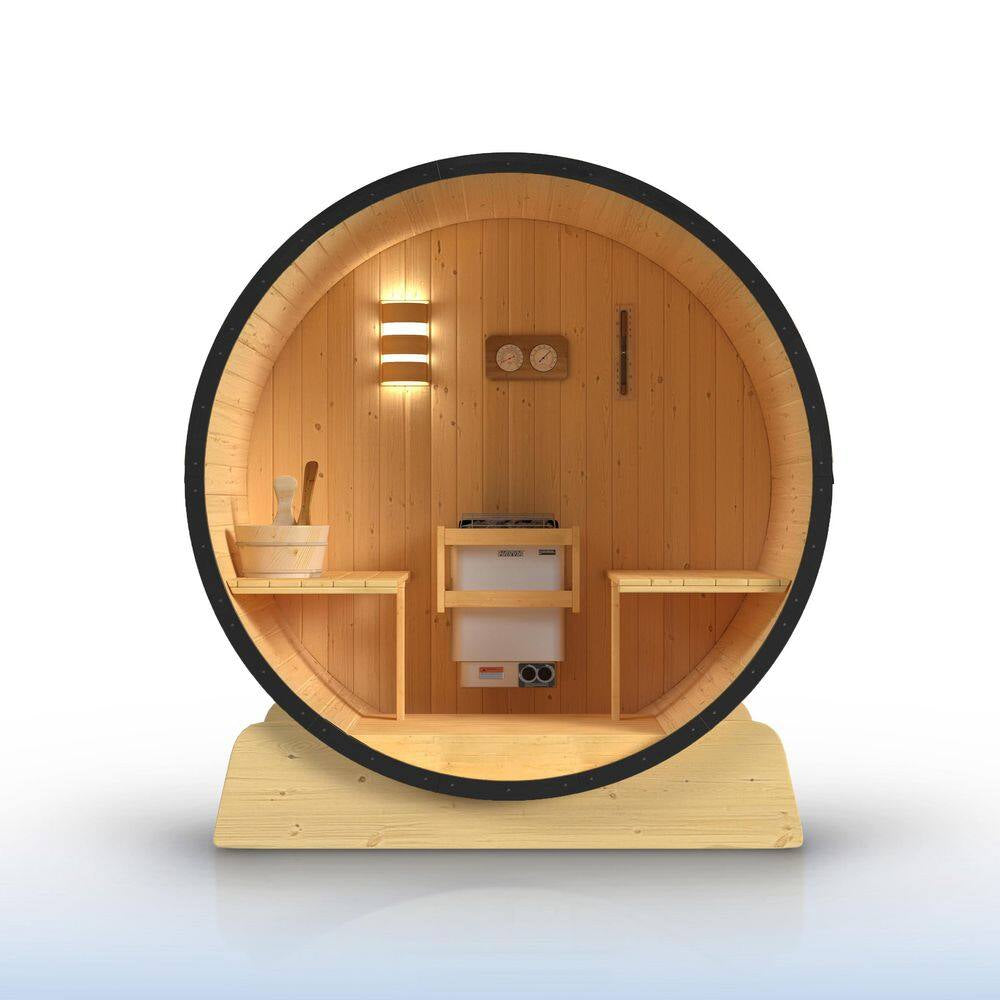 3-Person Capacity Outdoor White Finland Pine Wet/Dry Traditional Barrel Sauna with Black Accents