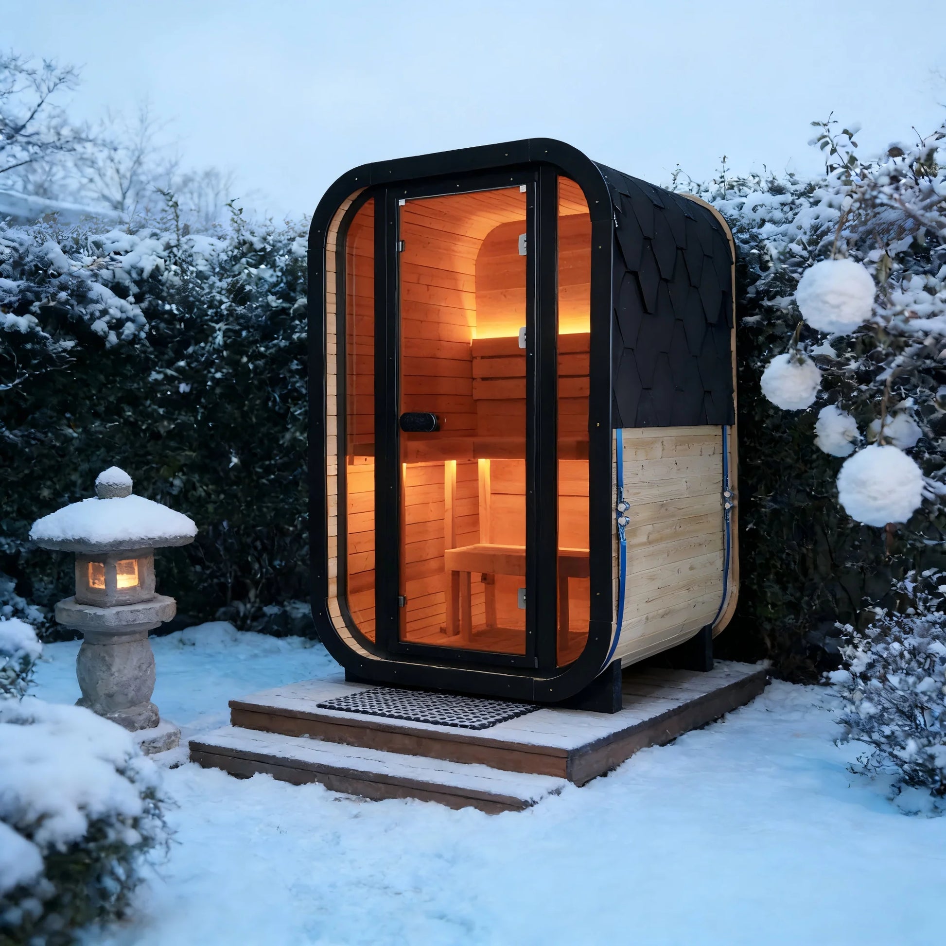 1-2 Person Outdoor Traditional Steam Sauna, Weatherproof Square Sauna Cabin with Black Trim, Natural Spruce Wood Sauna Room, LED Strip & Panoramic Glass Door, for Backyard Garden Home Spa, Relaxation