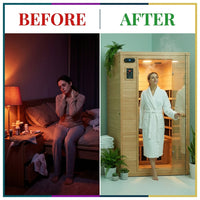 Far Infrared Sauna European Aspen Wood 1 Person Infrared Sauna for Home 905W Low EMF Mini Indoor Sauna with Bluetooth Speakers, Right Door — Before & After