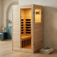 Far Infrared Sauna European Aspen Wood 1 Person Infrared Sauna for Home 905W Low EMF Mini Indoor Sauna with Bluetooth Speakers, Right Door — Studio Shot
