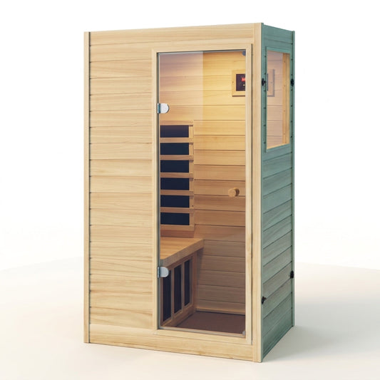 Far Infrared Sauna European Aspen Wood 1 Person Infrared Sauna for Home 905W Low EMF Mini Indoor Sauna with Bluetooth Speakers, Right Door — Studio Shot
