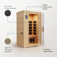 Far Infrared Sauna European Aspen Wood 1 Person Infrared Sauna for Home 905W Low EMF Mini Indoor Sauna with Bluetooth Speakers, Right Door — infographic