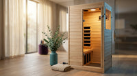 Far Infrared Sauna European Aspen Wood 1 Person Infrared Sauna for Home 905W Low EMF Mini Indoor Sauna with Bluetooth Speakers, Right Door — Lifestyle