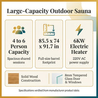 Outdoor Traditional Barrel Sauna | 4-6 Person Wood Sauna, Steam and Wet Sauna with 220V with 6KW Electric Heater, Sauna Stone — Results & Stats