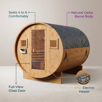 Outdoor Traditional Barrel Sauna | 4-6 Person Wood Sauna, Steam and Wet Sauna with 220V with 6KW Electric Heater, Sauna Stone — infographic