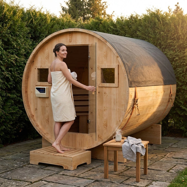 Traditional Barrel Sauna Built for Year-Round Use, 4-6 Person Capacity, 6KW Electric Heater, Steam and Wet Sauna