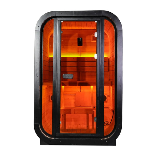 1-2 Person Outdoor Traditional Steam Sauna, Weatherproof Square Sauna Cabin with Black Trim, Natural Spruce Wood Sauna Room, LED Strip & Panoramic Glass Door, for Backyard Garden Home Spa, Relaxation