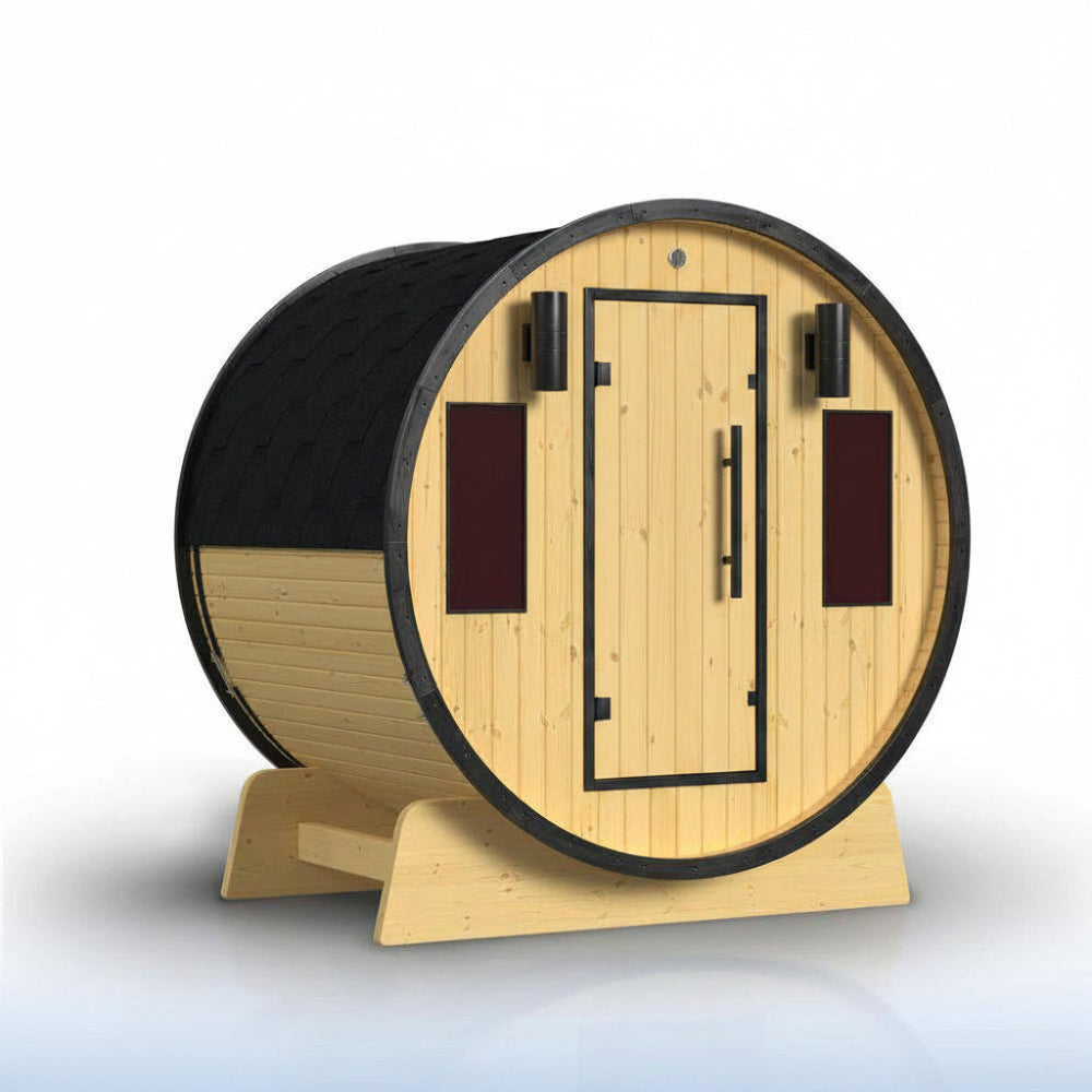 3-Person Capacity Outdoor White Finland Pine Wet/Dry Traditional Barrel Sauna with Black Accents